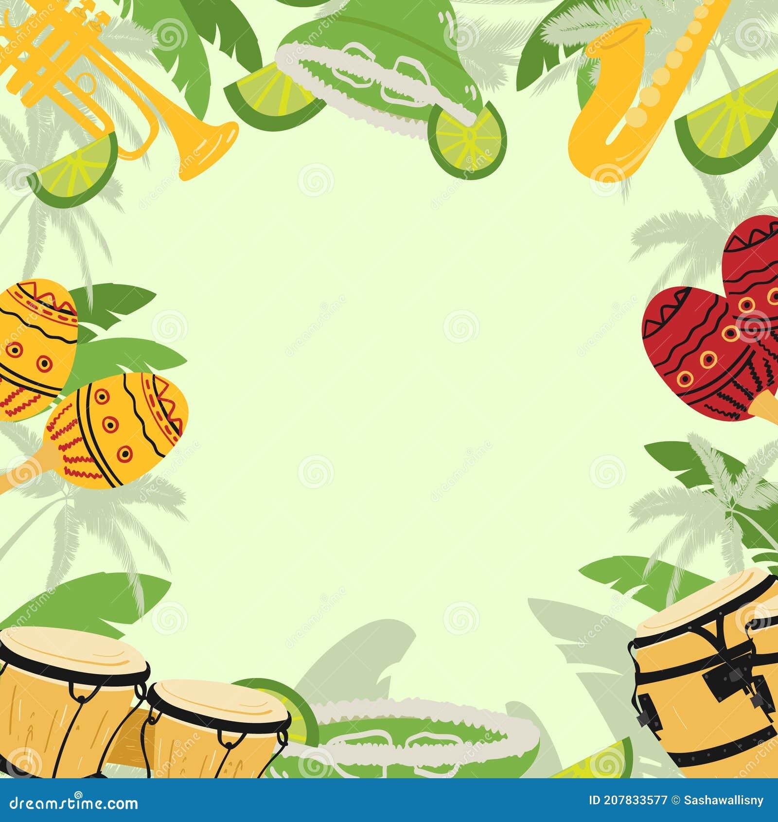 Template With Guitar Cuban Tres And Conga Drums Maracas Guiro Palm 