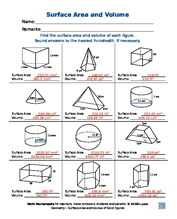 area volume surface area worksheet