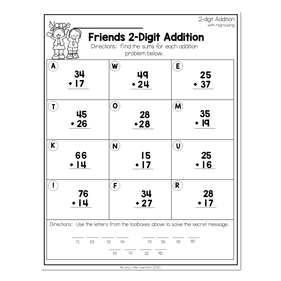 2nd Grade Math Worksheets 2 Digit Addition With Regrouping Friends 2 digit Addition Lucky Little Learners 2nd Grade Math Worksheets 2 Digit Addition With Regrouping Friends 2 digit Addition Lucky Little Learners