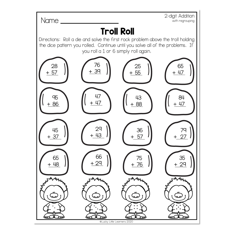 2nd Grade Math Worksheets 2 Digit Addition With Regrouping Troll Roll Lucky Little Learners 2nd Grade Math Worksheets 2 Digit Addition With Regrouping Troll Roll Lucky Little Learners