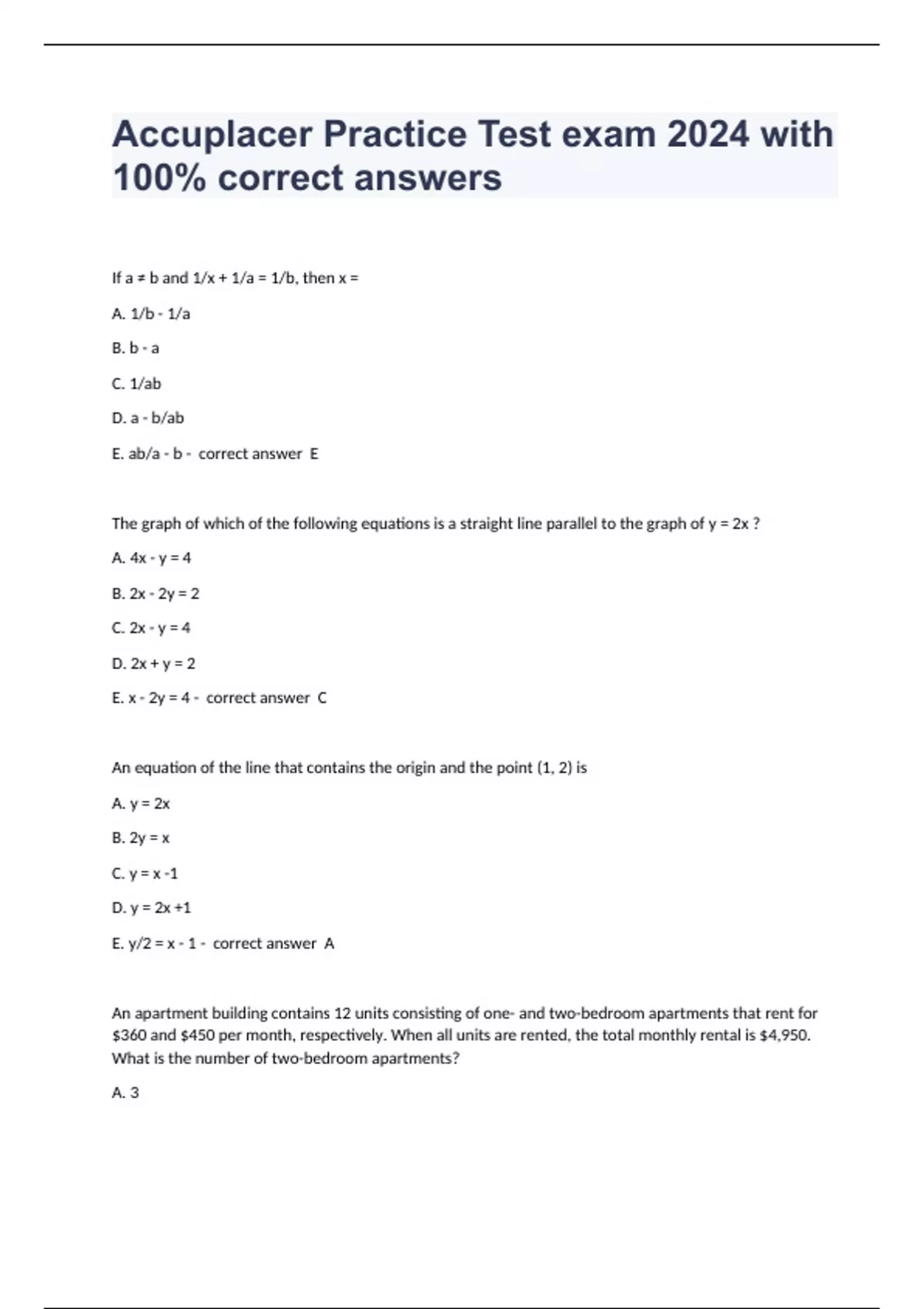 Accuplacer Practice Test Exam 2024 With 100 Correct Answers Accuplacer Stuvia US