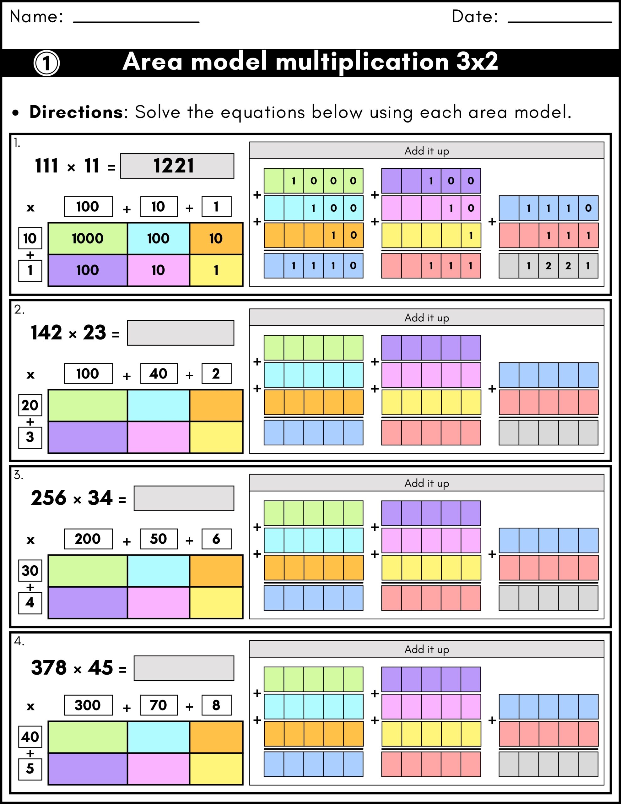 area model multiplication worksheets free