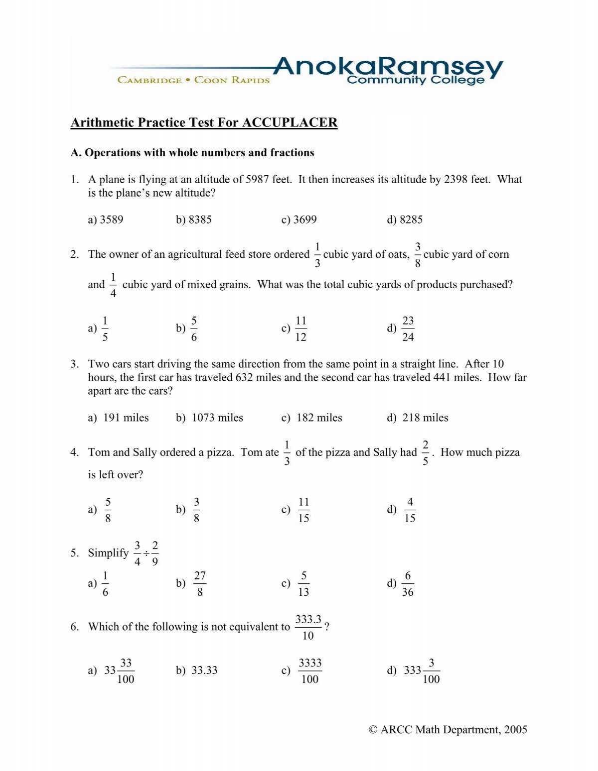 Arithmetic Practice Test For ACCUPLACER