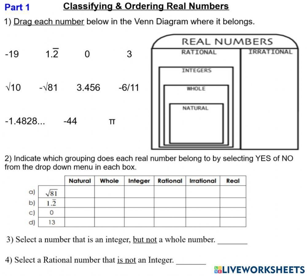 Classifying amp Ordering Real Numbers Part 1 Interactive Worksheet Worksheets Library