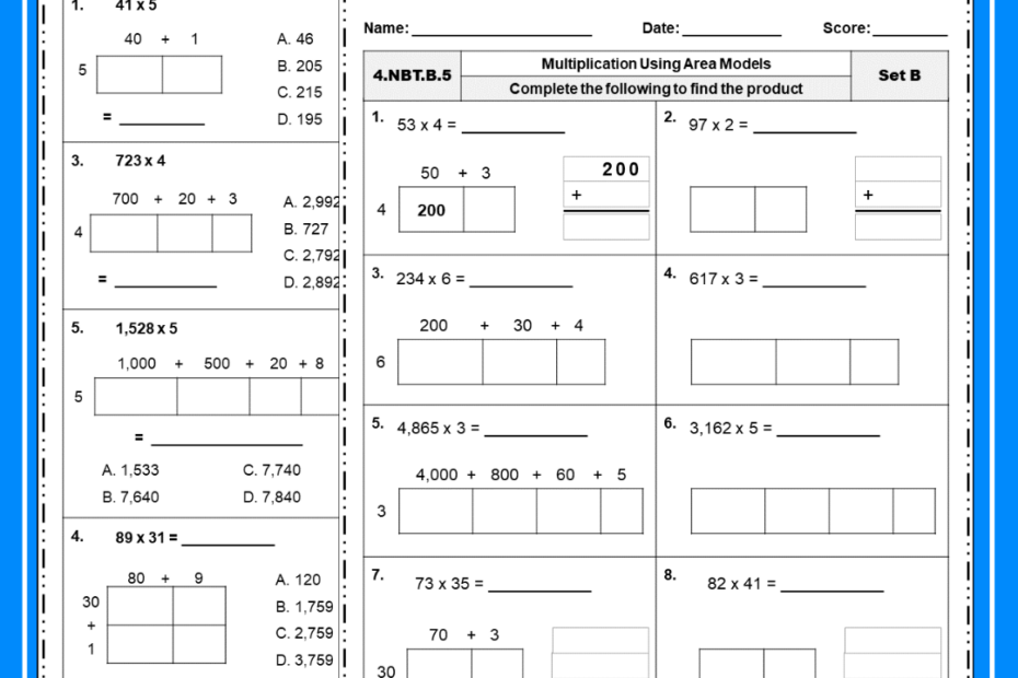 Free Area Model Multi Digit Multiplication Worksheets Made By Teachers