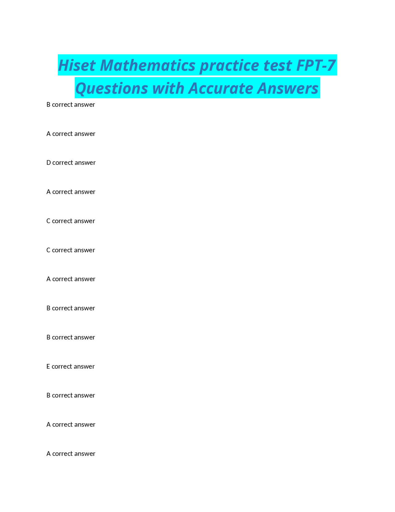 Hiset Mathematics Practice Test FPT 7 Questions With Accurate Answers Exams Mathematics Docsity