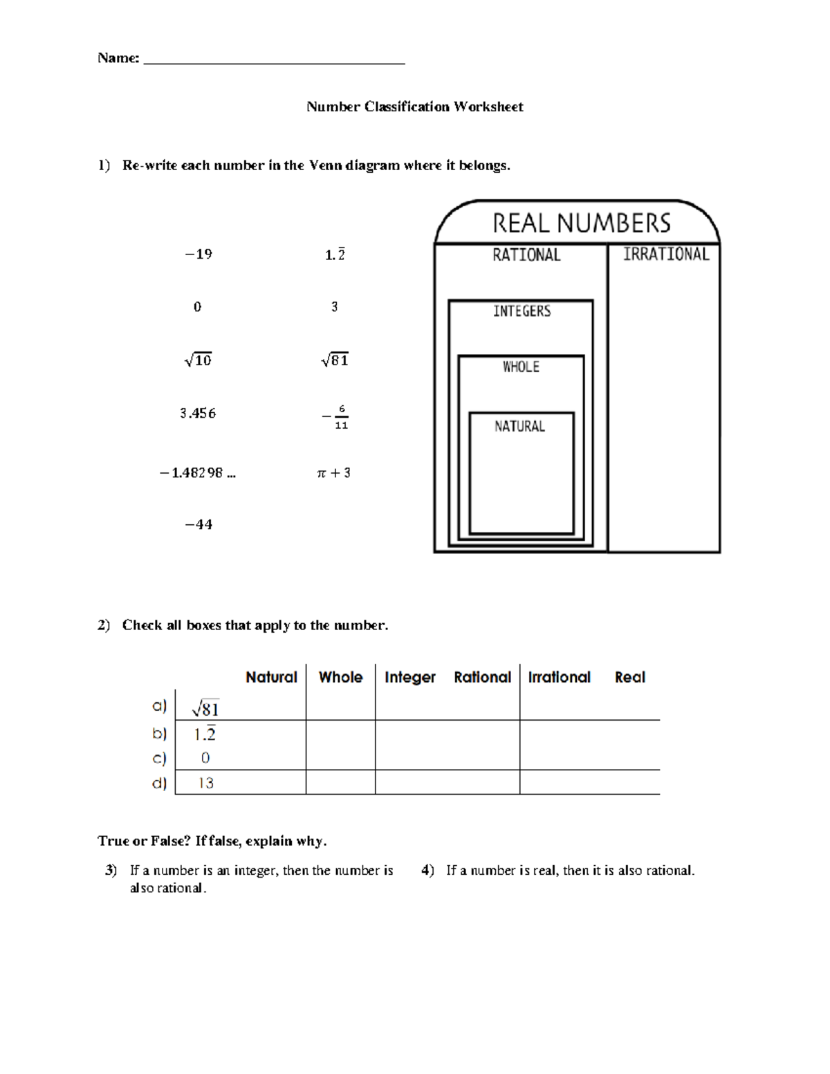Number Classification Worksheet Understanding Rational And Irrational Numbers Studocu