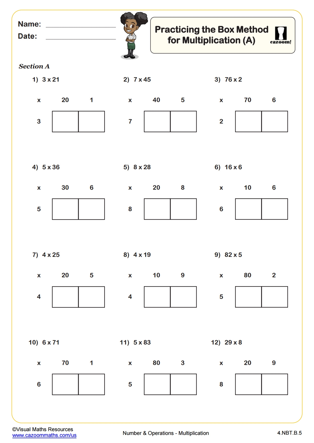 Practicing The Box Method For Multiplication B PDF Printable Number And Operations Worksheets